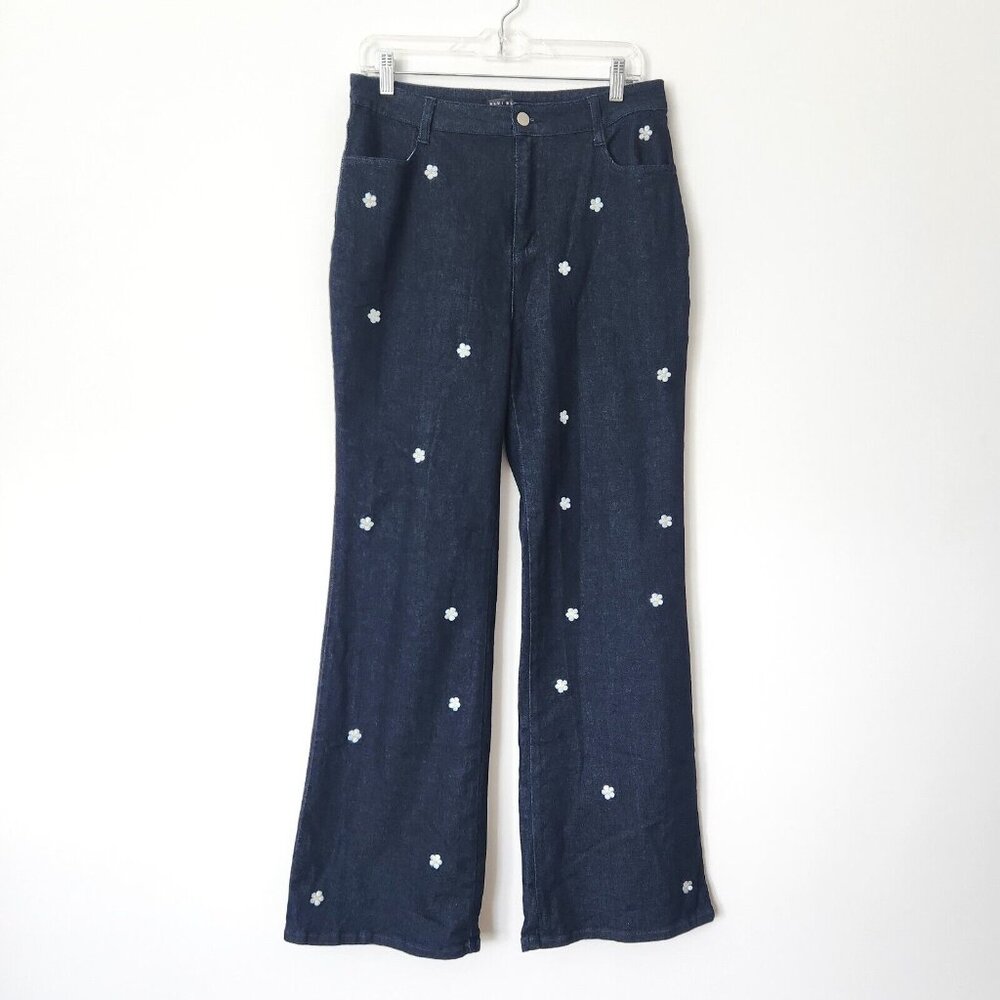 Blue Blush Daisy Embroidered Jeans Flared Leg Size Large High Rise Dark Blue Y2K